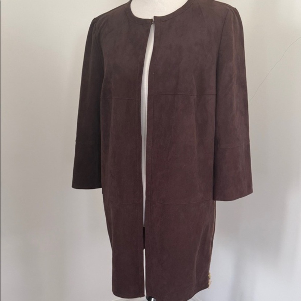 Chico’s Women's Brown Faux Suede Open Front Long Jacket Small